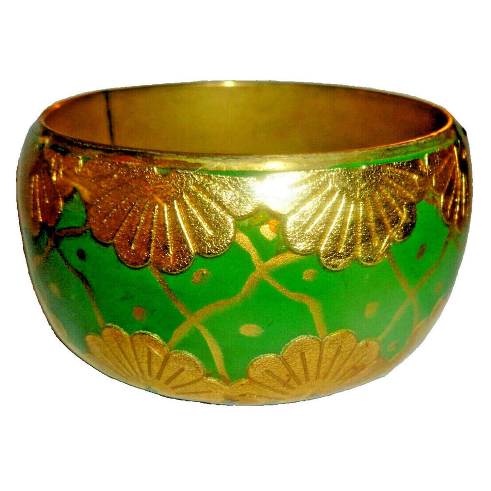 Vintage Bangle Bracelet Gold Brass Color Green Enameled Metal Lucite
